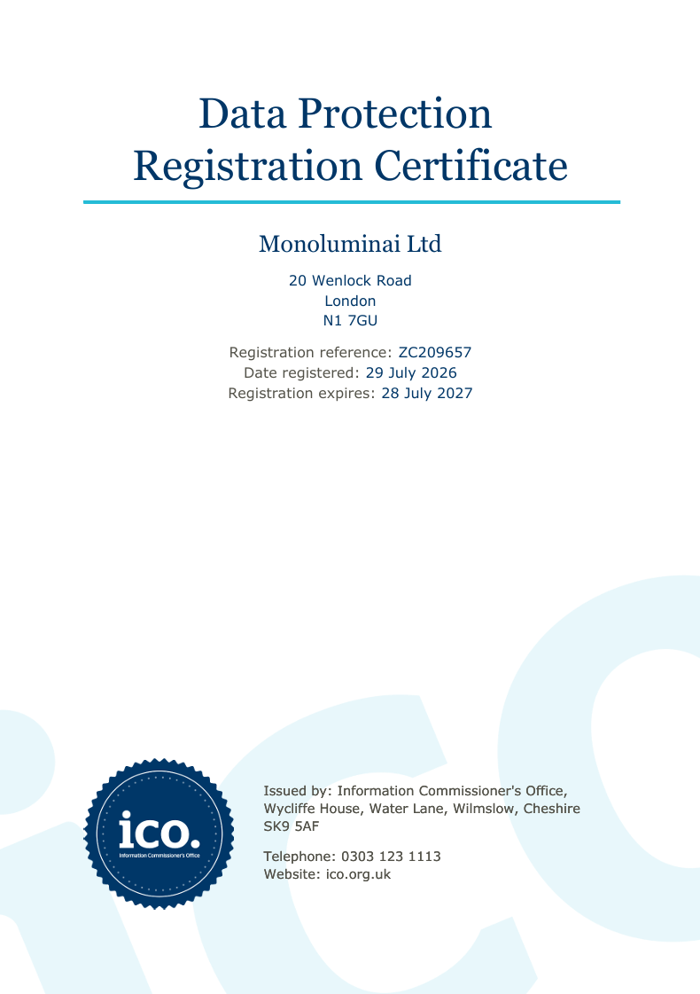 Сертифікат реєстрації в ICO: Monoluminai Ltd, reference ZC209657, зареєстровано 29 липня 2026 року