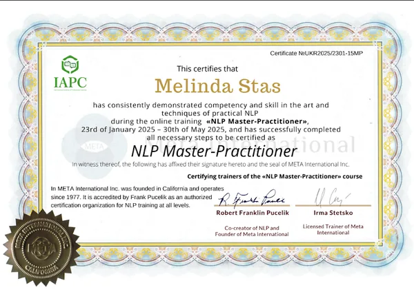 Сертифікат NLP Master-Practitioner Мелінди Стась, META International, навчання 23 січня — 30 травня 2025 року, підписи Robert Pucelik та Irma Stetsko