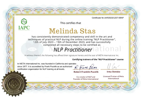 Сертифікат NLP Practitioner Мелінди Стась, META International, навчання 12 липня — 19 грудня 2023 року